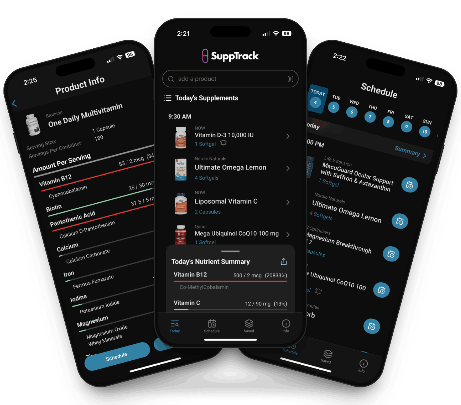 SuppTrack app screens showing supplement scanner, vitamin tracking, stacks, and reminders